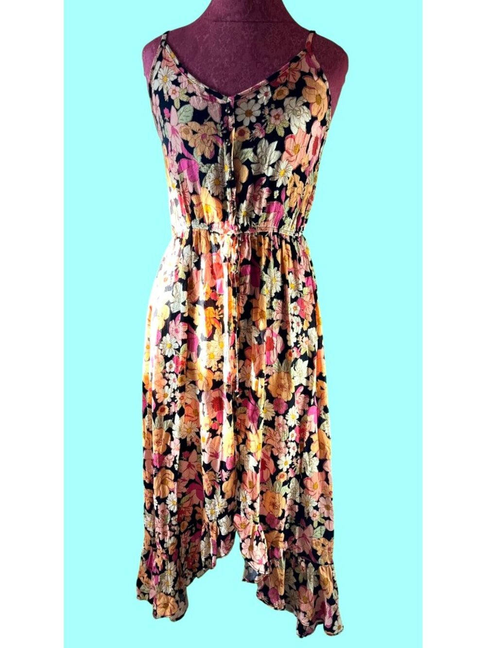Floral Multicolor Sleeveless asymmetrical Dress With Adjustable Straps Button Fr